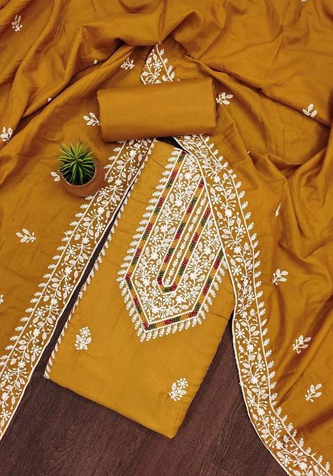Golden Embroidered Poly Blend Dress Material