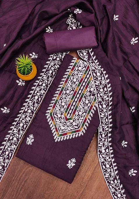 Purple Embroidered Poly Blend Dress Material
