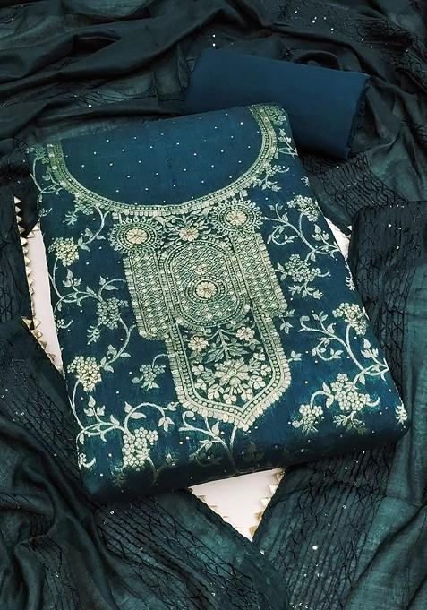 Turquoise Blue Embroidered Poly Blend Dress Material