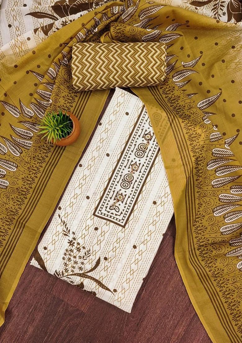 Brown Embroidered Poly Blend Dress Material