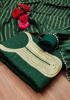 Green Embroidered Poly Blend Dress Material
