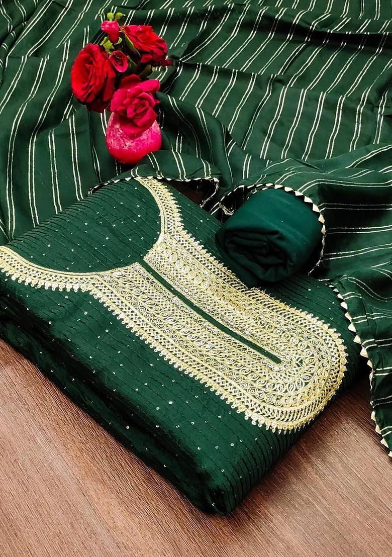 Green Embroidered Poly Blend Dress Material