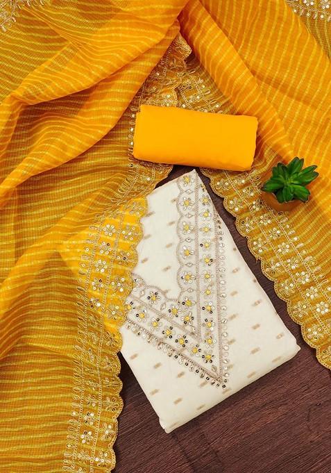 Golden Embroidered Poly Blend Dress Material