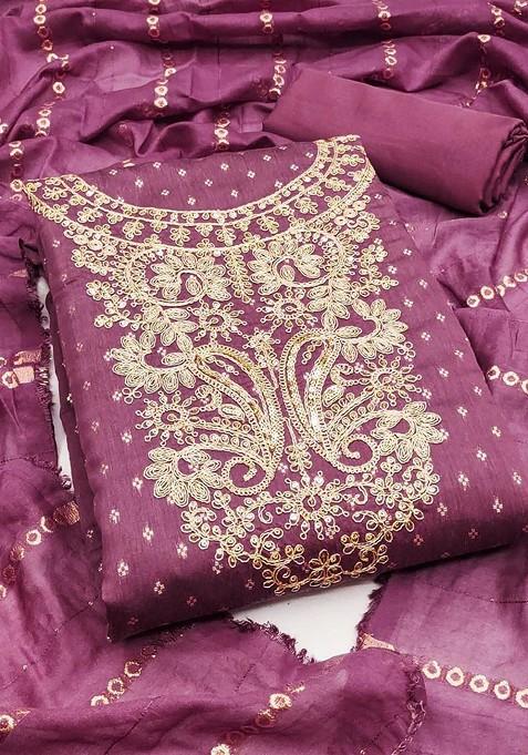 Magenta Embroidered Poly Blend Dress Material