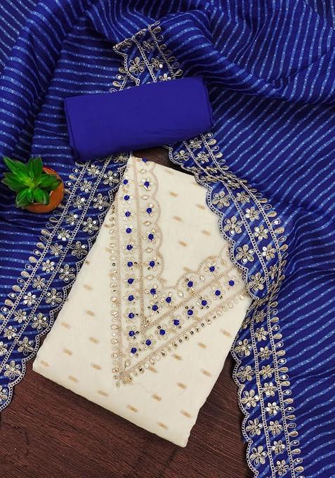 Blue Embroidered Poly Blend Dress Material