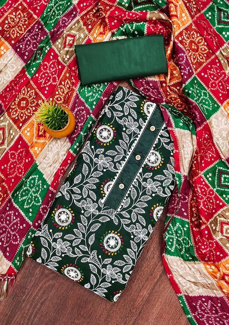 Green Embroidered Poly Blend Dress Material