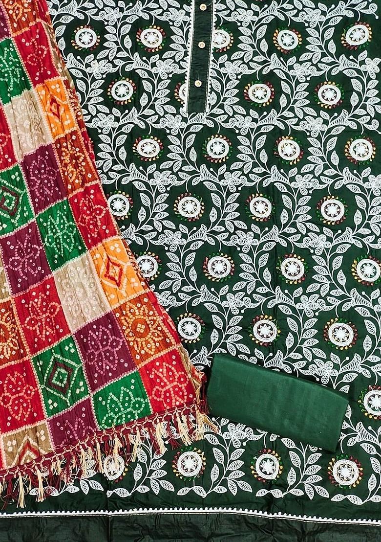 Green Embroidered Poly Blend Dress Material