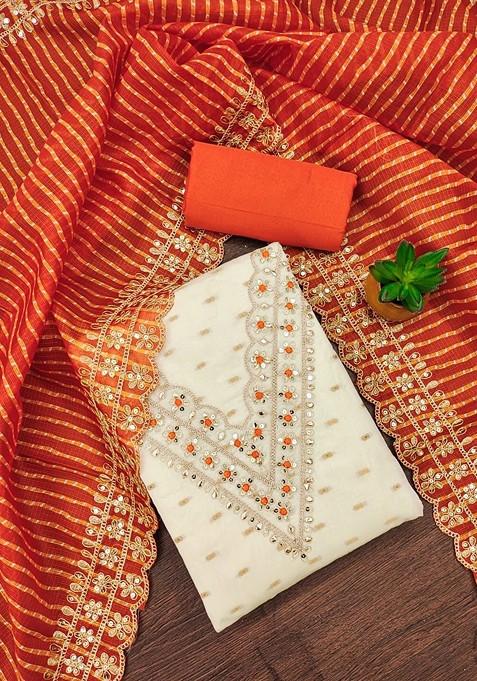 Orange Embroidered Poly Blend Dress Material