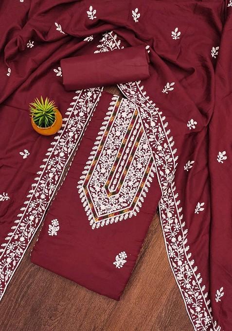 Maroon Embroidered Poly Blend Dress Material