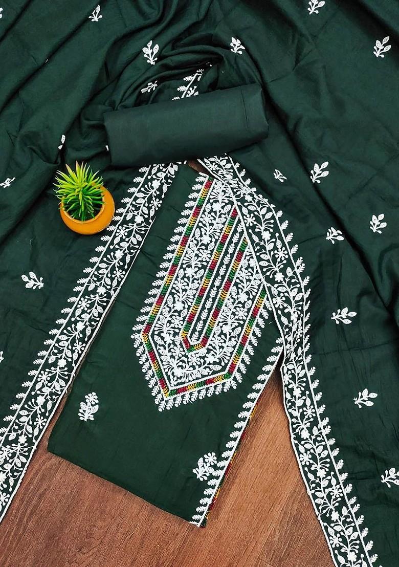 Green Embroidered Poly Blend Dress Material