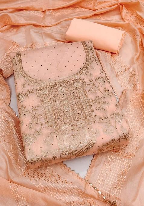 Peach Embroidered Poly Blend Dress Material