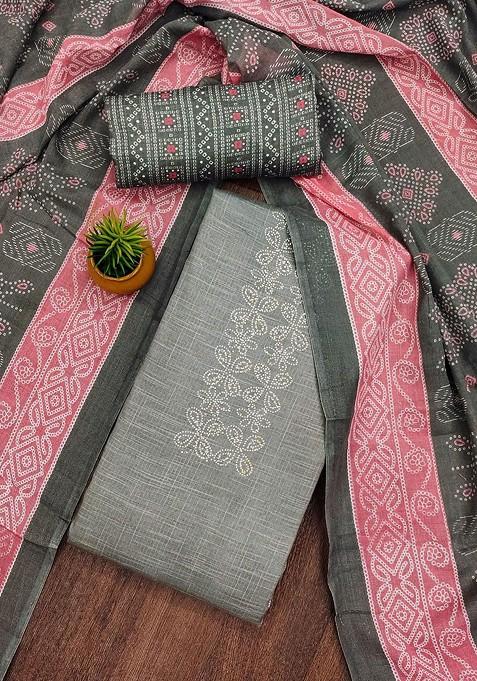 Grey Embroidered Poly Blend Dress Material