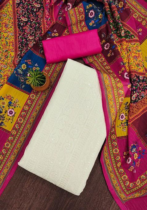 Pink Embroidered Poly Blend Dress Material