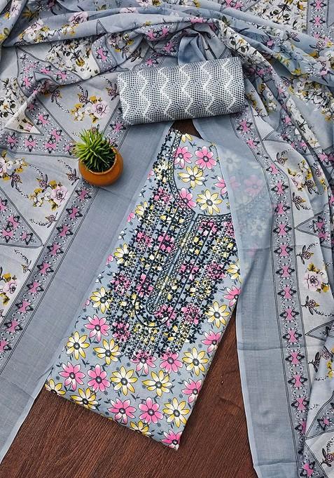Grey Embroidered Poly Blend Dress Material