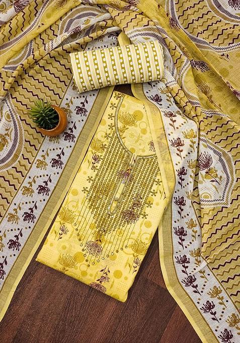 Yellow Embroidered Poly Blend Dress Material