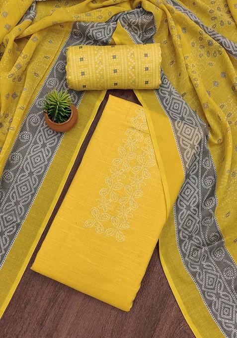 Yellow Embroidered Poly Blend Dress Material