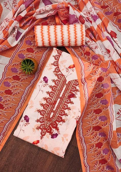 Orange Embroidered Poly Blend Dress Material