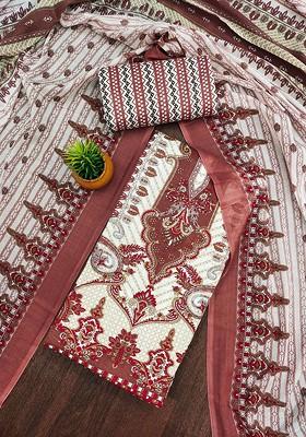 Brown Embroidered Poly Blend Dress Material