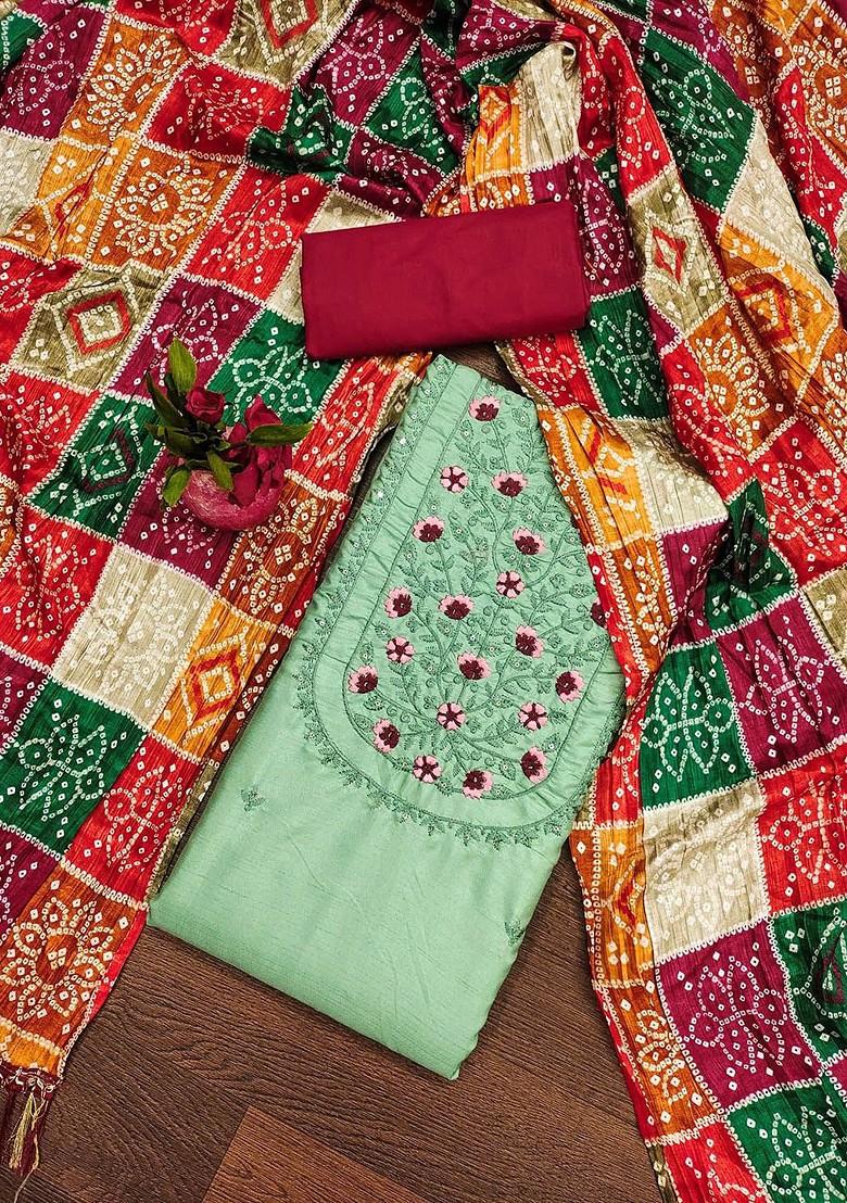 Green Embroidered Poly Blend Dress Material