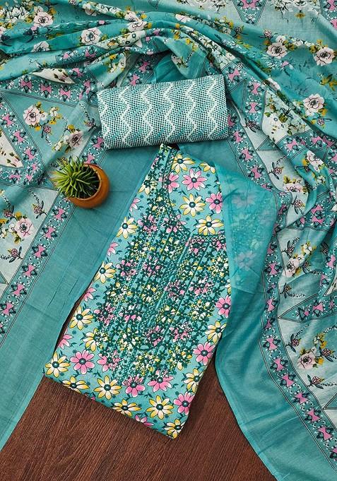 Teal Embroidered Poly Blend Dress Material