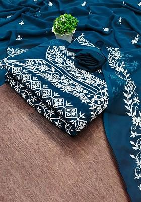 Blue Embroidered Poly Blend Dress Material