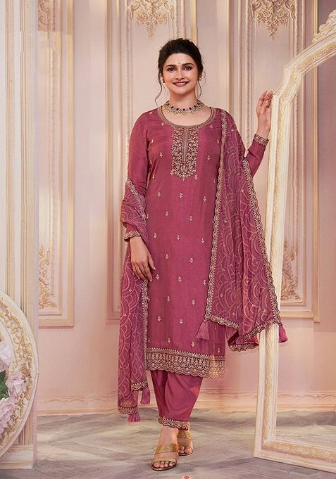 Dark Rose Pink Embroidered Silk Georgette Kurta Set