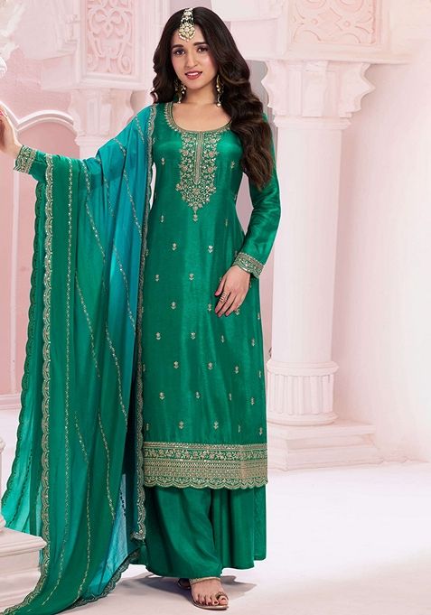 Pine Green Zari Sequin Embroidered Vichitra Kurta Set