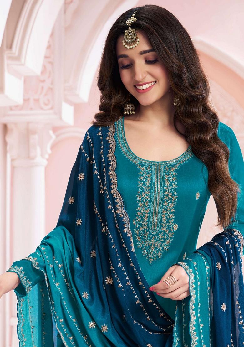 Teal Blue Zari Sequin Embroidered Vichitra Kurta Set - Indya