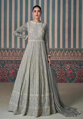 Grey Zari Sequin Embroidered Georgette Anarkali Kurta Set