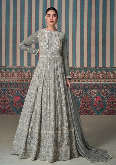 Grey Zari Sequin Embroidered Georgette Anarkali Kurta Set