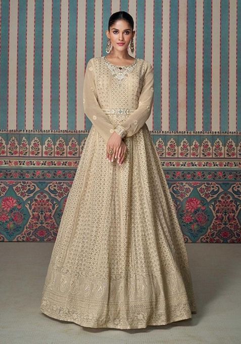 Beige Zari Sequin Embroidered Georgette Anarkali Kurta Set