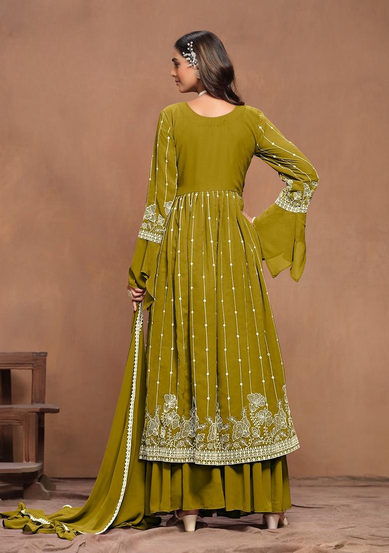 Green Embroidered Faux Georgette Kurta Set