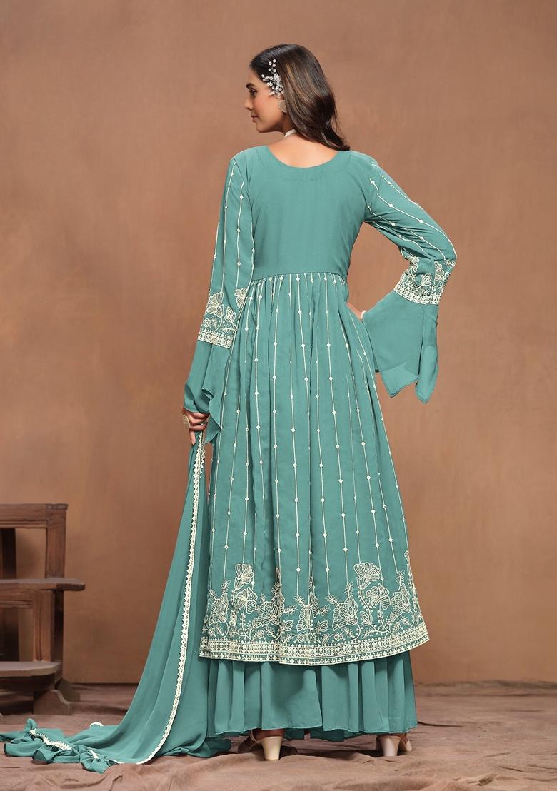 Sky Blue Embroidered Faux Georgette Kurta Set