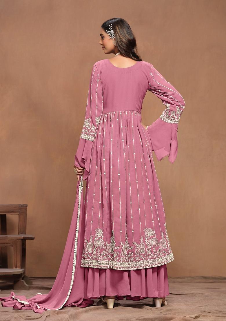 Pink Embroidered Faux Georgette Kurta Set