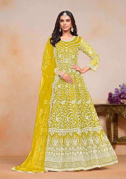 Yellow Embroidered Net Anarkali Kurta Set