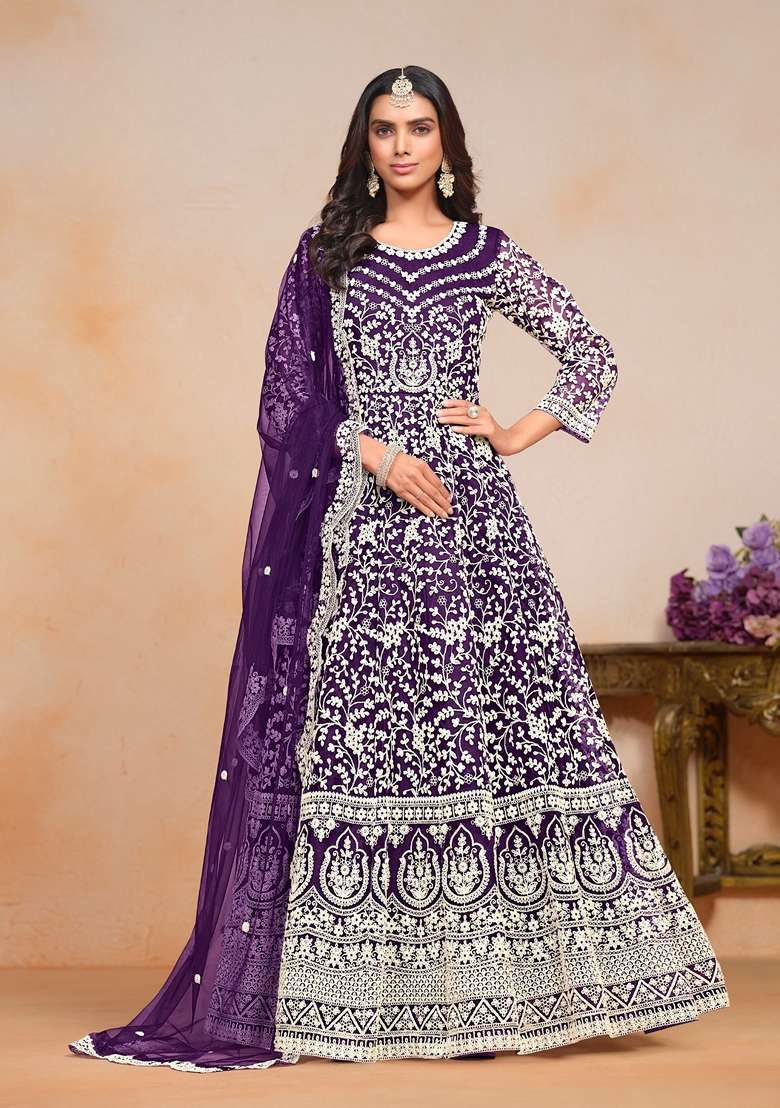 Purple Embroidered Net Pakistani Suit Set - Indya