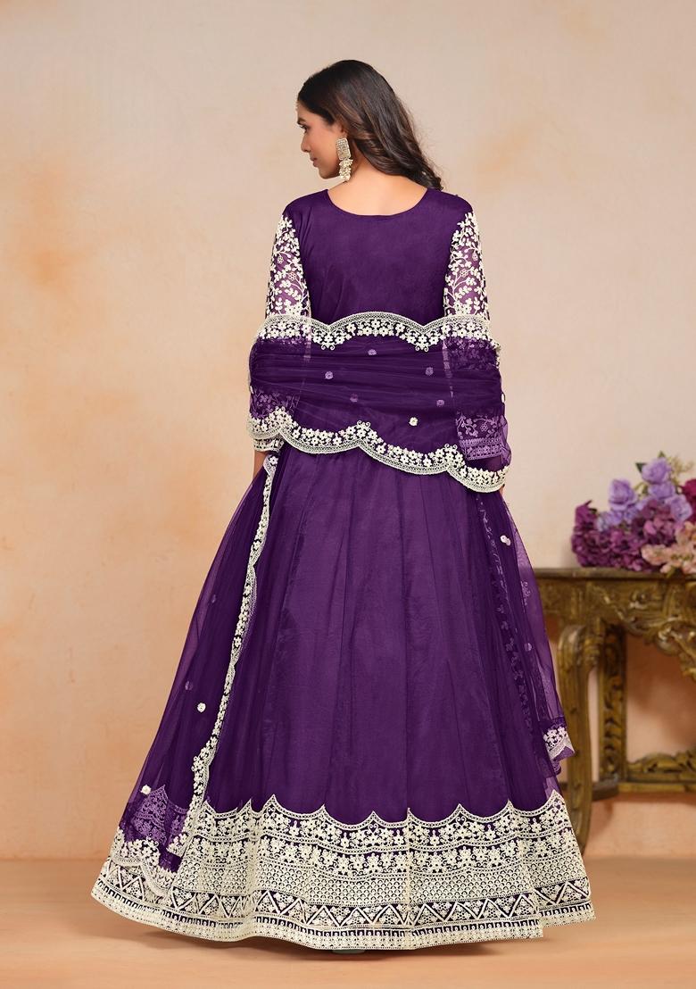Purple Embroidered Net Anarkali Kurta Set