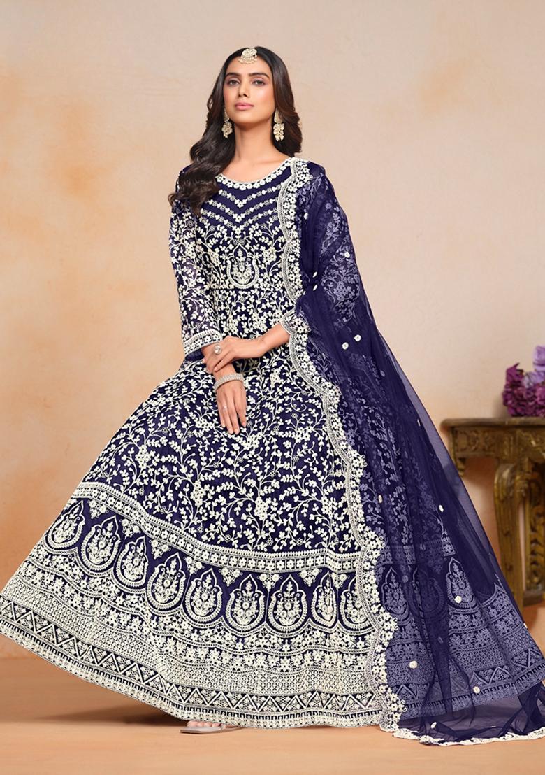 Navy Blue Embroidered Net Anarkali Kurta Set