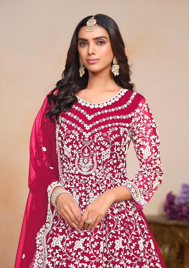 Magenta Embroidered Net Anarkali Kurta Set