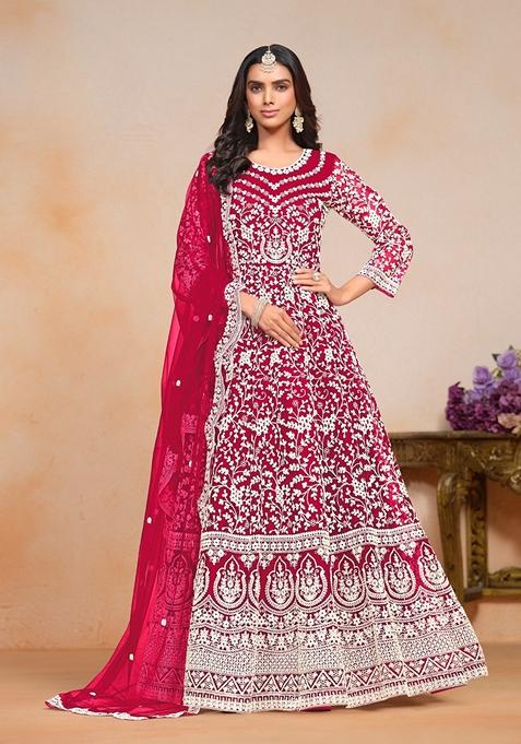 Magenta Embroidered Net Anarkali Kurta Set