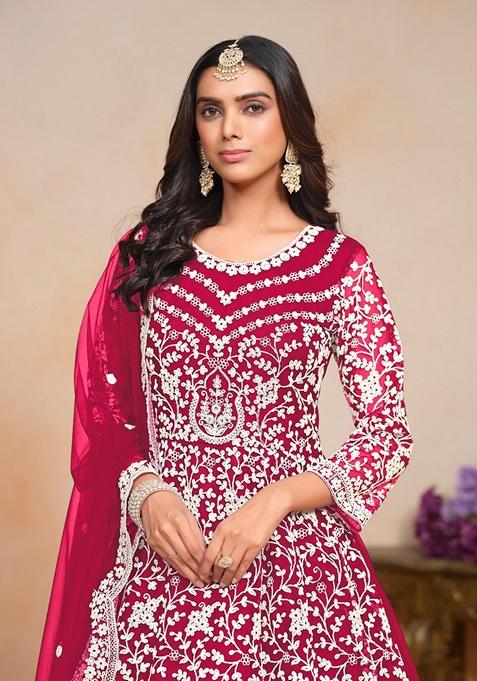 Magenta Embroidered Net Anarkali Kurta Set