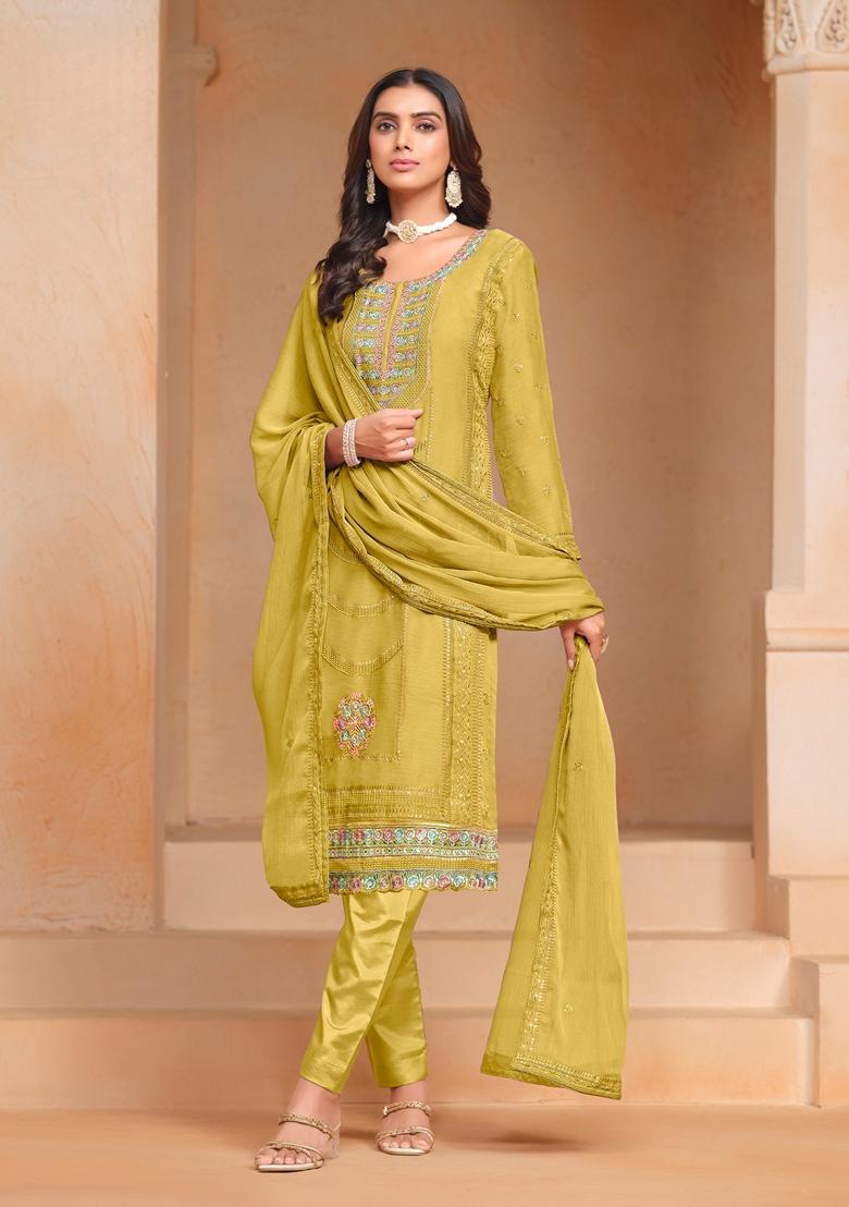 Yellow Embroidered Organza Kurta Set