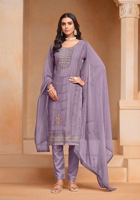 Lavender Embroidered Organza Kurta Set
