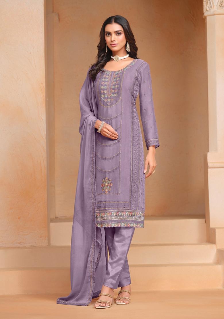 Lavender Embroidered Organza Kurta Set