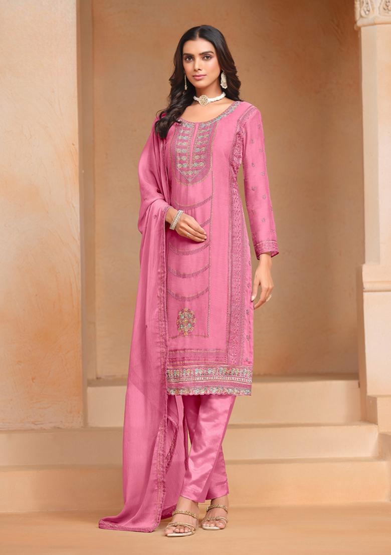 Pink Embroidered Organza Kurta Set