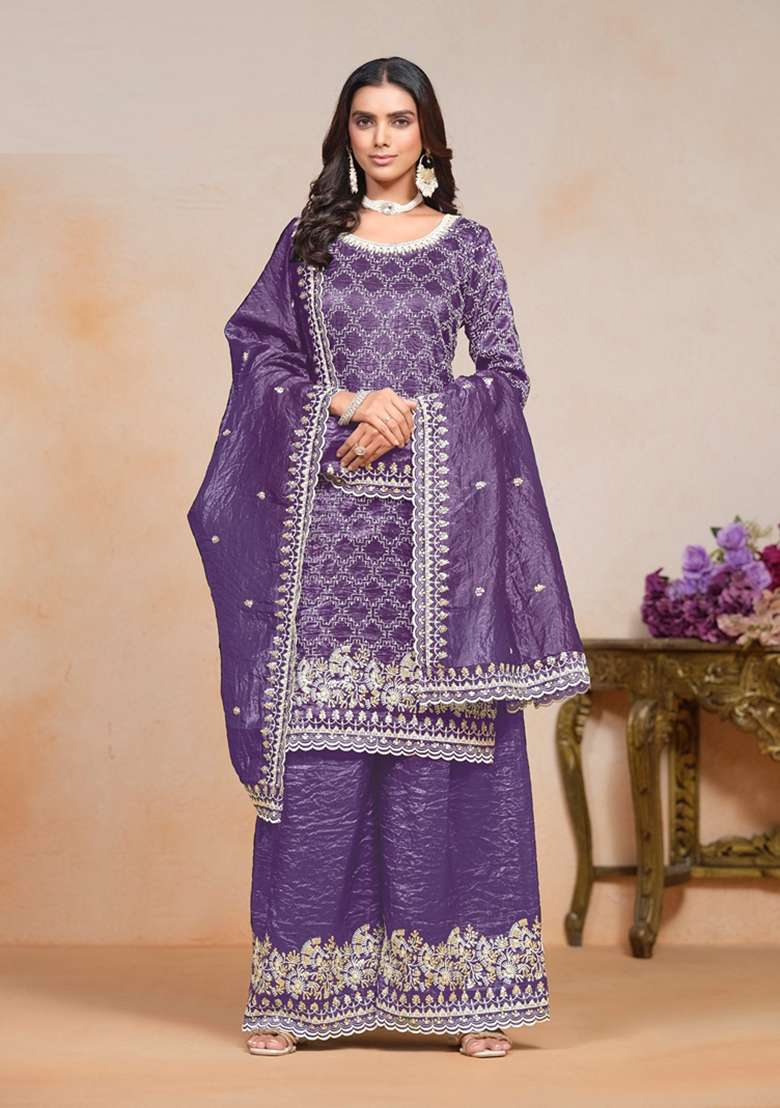 Lavender Embroidered Organza Kurta Set - Indya