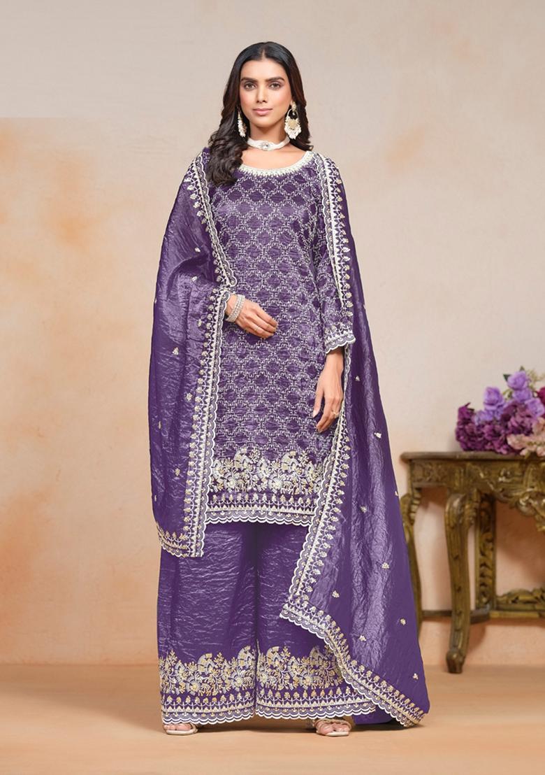 Lavender Embroidered Organza Kurta Set