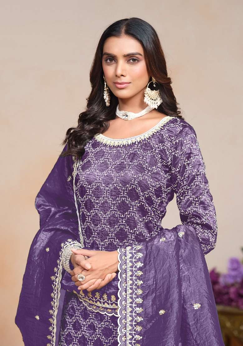 Lavender Embroidered Organza Kurta Set - Indya