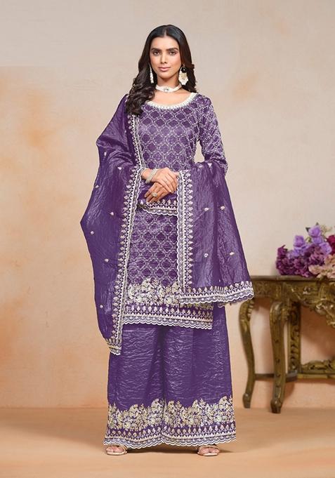 Lavender Embroidered Organza Kurta Set