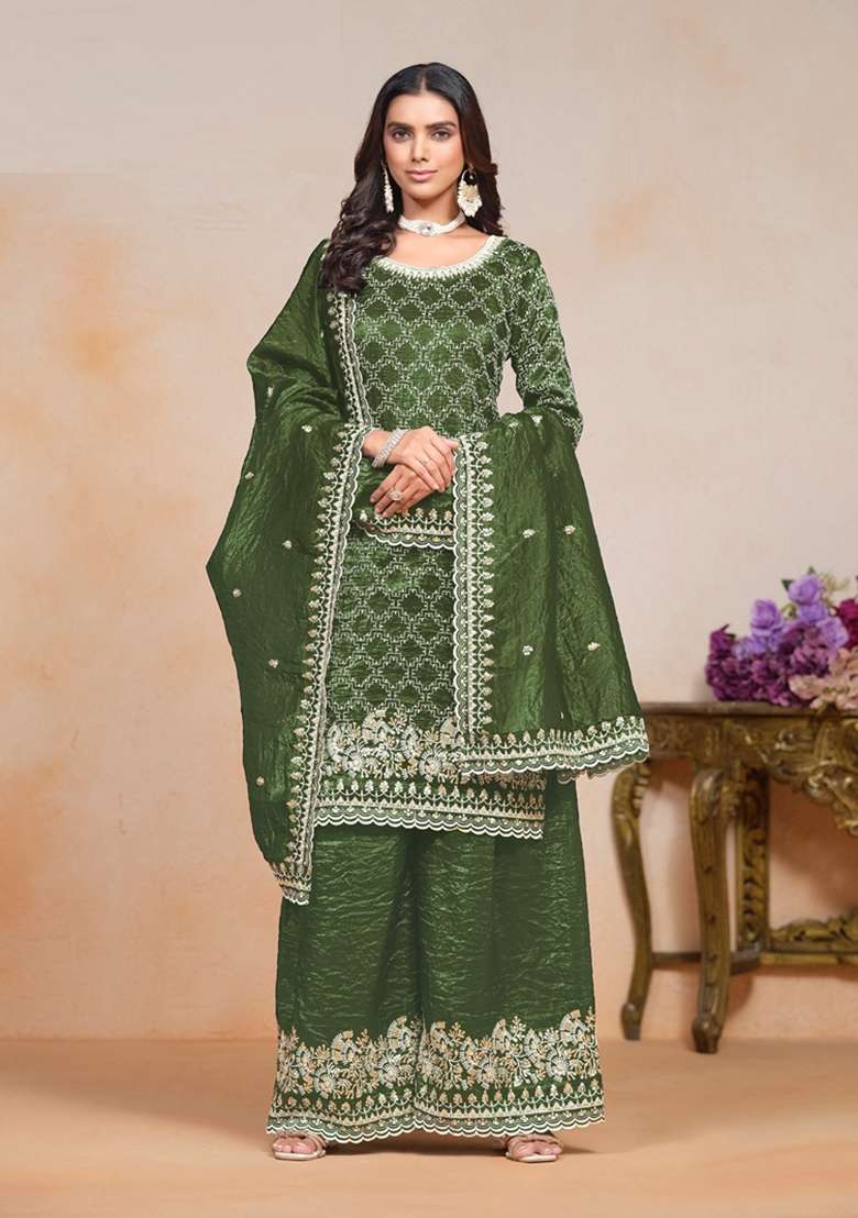 Green Embroidered Organza Pakistani Suit Set - Indya